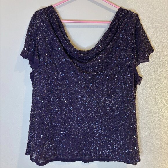 JKara Women's Elegant Cowl Neck Sequin Top Plum Sparkle, Plus Size 22W #242 - Picture 4 of 7